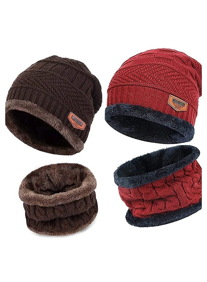 Atipriya Woolen Beanie/Skull Cap & Neck Warmer (Muffler) Combo for Winters with Faux Fur Inner Side | Warm Hat | Hedging Hat Scarf Set Pack of 2 Set (Brown & Red cap with neck mufflers) - Image 1