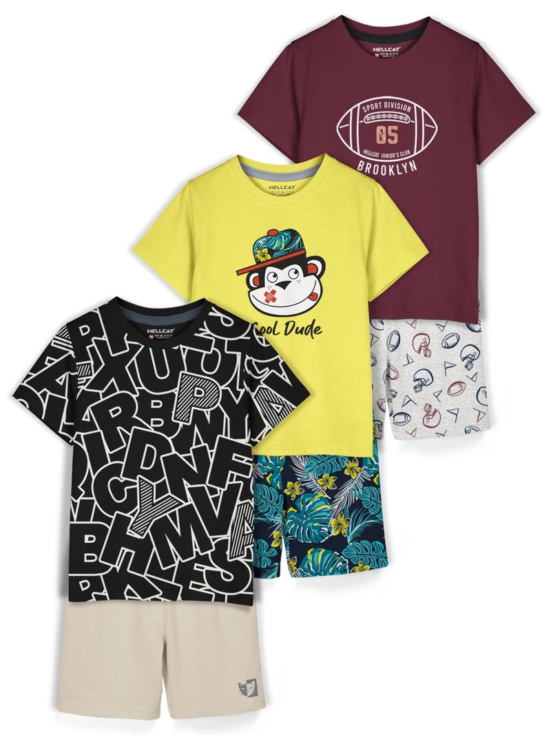 HELLCAT Boys Dress Clothing Set Combo with Tshirts & Shorts - Pack 3 Black/Yellow/Maroon 1-2 Years - Image 1