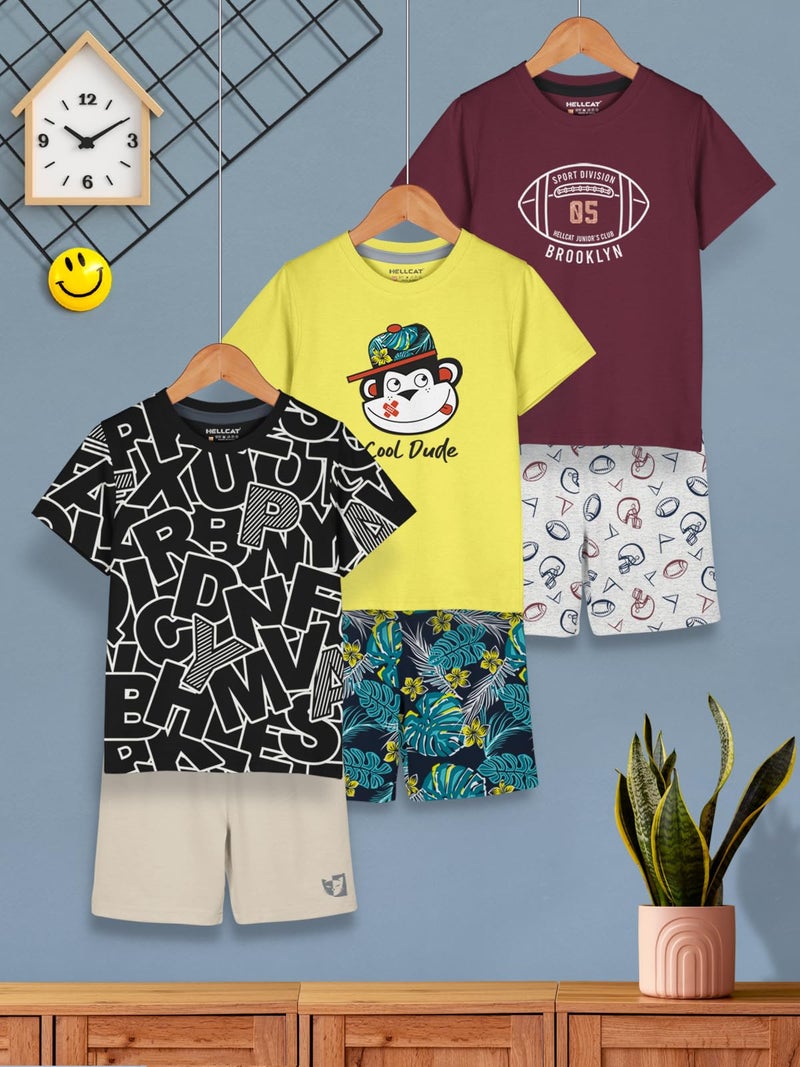 HELLCAT Boys Dress Clothing Set Combo with Tshirts & Shorts - Pack 3 Black/Yellow/Maroon 1-2 Years - Image 2