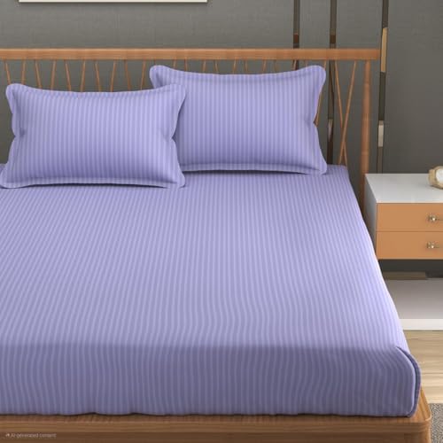 Blue Strip 220 TC Glace Cotton Satin Stripes Plain Bedsheet for Double Bed with Two Pillow Covers for Home/Hotels/Guest House,Size-90x90 Inches(Flat) (Levender) - Image 1