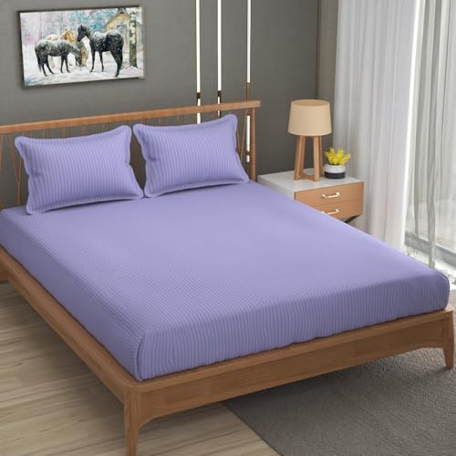 Blue Strip 220 TC Glace Cotton Satin Stripes Plain Bedsheet for Double Bed with Two Pillow Covers for Home/Hotels/Guest House,Size-90x90 Inches(Flat) (Levender) - Image 2