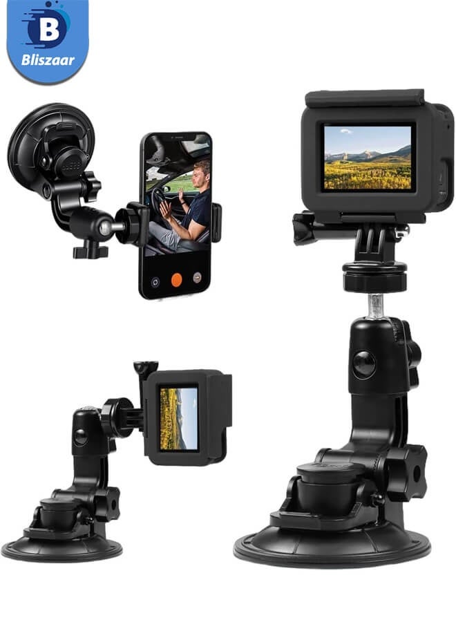 Bliszaar Car Suction Cup Mount with Phone Holder Action Camera Windshield Window Mount, Compatible for Go Pro Hero 13 12 11 10 9 8 7/for Insta 360 X3 X4 / DJI Action 3 4 5 pro Pocket 3 Accessories - Image 1