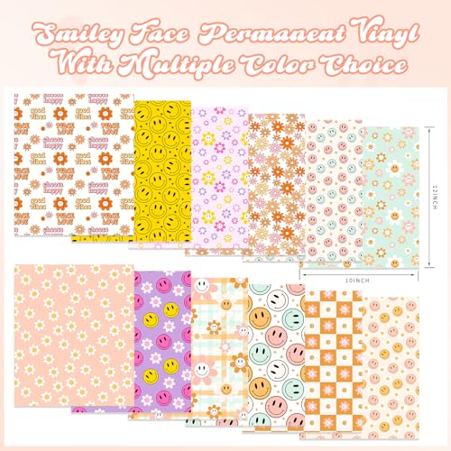 Tintnut Smiley Face Permanent Adhesive Vinyl - 12 Sheets 12"x10", Daisy Flower Adhesive Vinyl, Groovy Pattern Sheets for Cutting Machine, Home Decor Self Sticker - Image 2