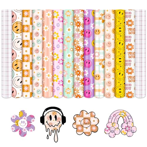 Tintnut Smiley Face Permanent Adhesive Vinyl - 12 Sheets 12"x10", Daisy Flower Adhesive Vinyl, Groovy Pattern Sheets for Cutting Machine, Home Decor Self Sticker - Image 1