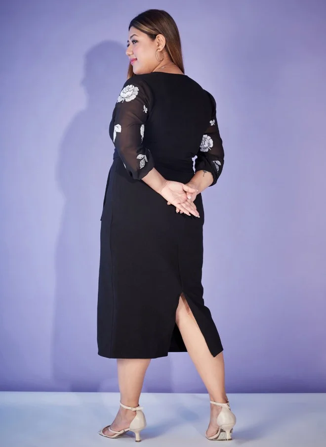 SASSAFRAS Curve Plus Size Black V-Neck Sheath Midi Dress for Women