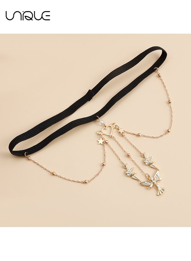 Unique Women's Leg Chain Jewelry - Thigh Chain - Black Stretch Leg Chain - Pearl Tassel Leg Chain - Glitter Body Chain Fashion Pendant Body Jewelry Girl Beach Summer Vacation Accessories (Golden)  - Image 3
