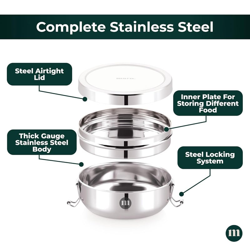 MARU Steel Tiffin Box for School/Office 600ml, Airtight Lunch Containers with Compartments & Small Partiton Plate, Easy to Carry & Clean, Perfect for Men, Women & Kids for Daily Use & Multipurpose - Image 3