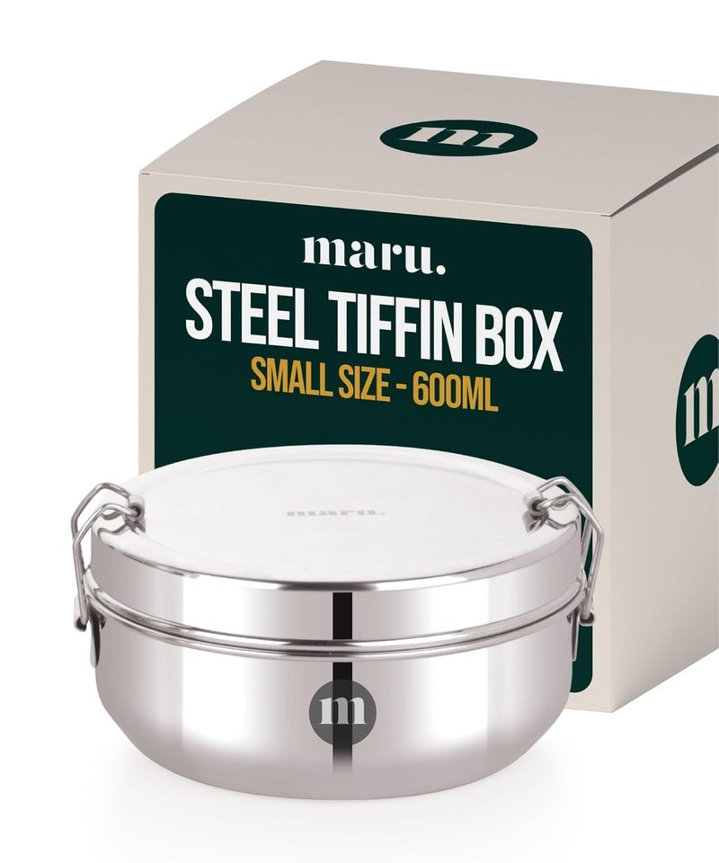 MARU Steel Tiffin Box for School/Office 600ml, Airtight Lunch Containers with Compartments & Small Partiton Plate, Easy to Carry & Clean, Perfect for Men, Women & Kids for Daily Use & Multipurpose - Image 1