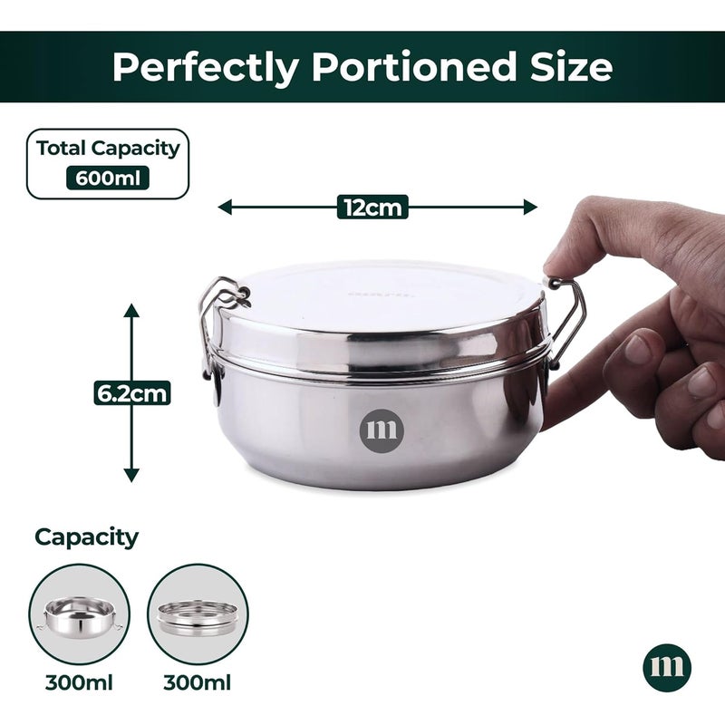 MARU Steel Tiffin Box for School/Office 600ml, Airtight Lunch Containers with Compartments & Small Partiton Plate, Easy to Carry & Clean, Perfect for Men, Women & Kids for Daily Use & Multipurpose - Image 2