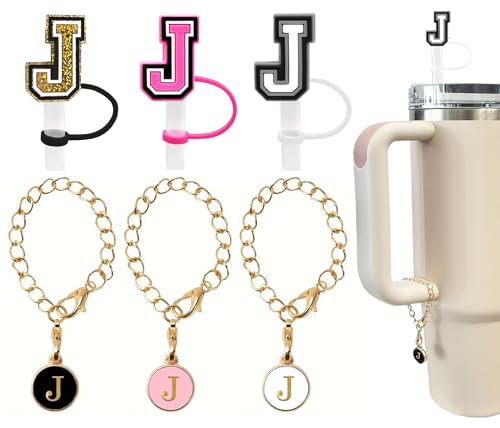 Nuozme （3 +3) 3PCS Nuozme Straw Cover 10mm For Stanley Tumbler Cup Reusable Straw Cap Topper with 3 Initial Letter Charms Accessories Name ID Personalized Handle Charm For Stanley 30&40 Oz Cup Tumbler - Image 1