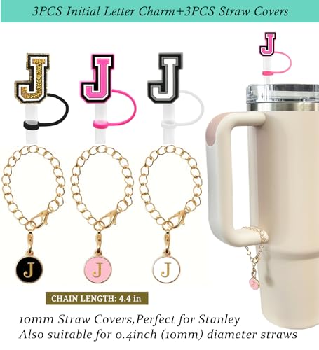 Nuozme （3 +3) 3PCS Nuozme Straw Cover 10mm For Stanley Tumbler Cup Reusable Straw Cap Topper with 3 Initial Letter Charms Accessories Name ID Personalized Handle Charm For Stanley 30&40 Oz Cup Tumbler - Image 2