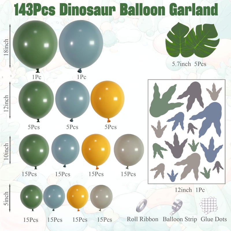 Ceeulvu Dinosaur Balloon Arch Kit, 144pcs Dusty Blue, Sage Green & Yellow Latex Balloons with Footprint Stickers, Monstera Leaves for Boy's Three Rex Birthday, Baby Shower - Image 2