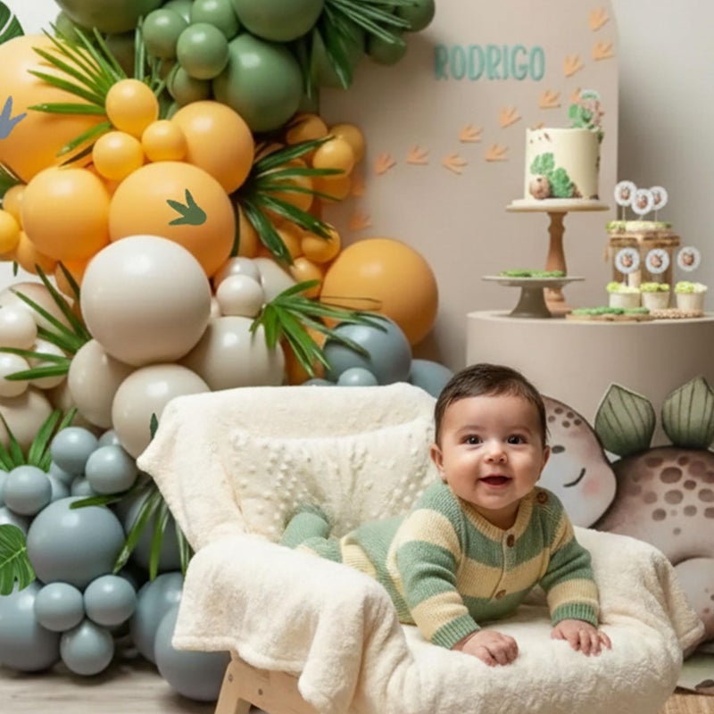 Ceeulvu Dinosaur Balloon Arch Kit, 144pcs Dusty Blue, Sage Green & Yellow Latex Balloons with Footprint Stickers, Monstera Leaves for Boy's Three Rex Birthday, Baby Shower - Image 3
