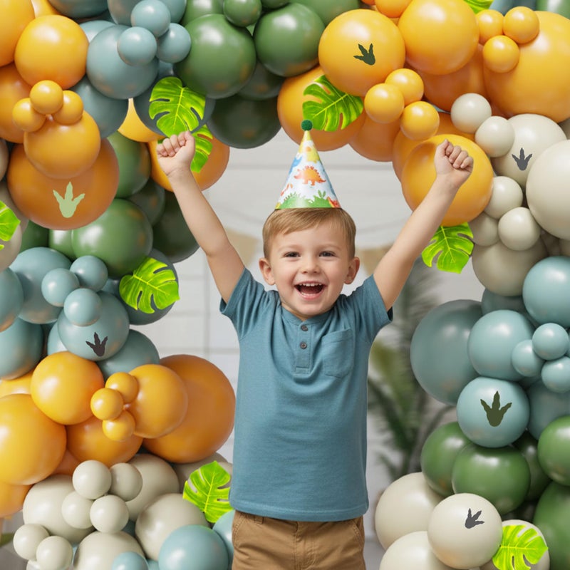 Ceeulvu Dinosaur Balloon Arch Kit, 144pcs Dusty Blue, Sage Green & Yellow Latex Balloons with Footprint Stickers, Monstera Leaves for Boy's Three Rex Birthday, Baby Shower - Image 5