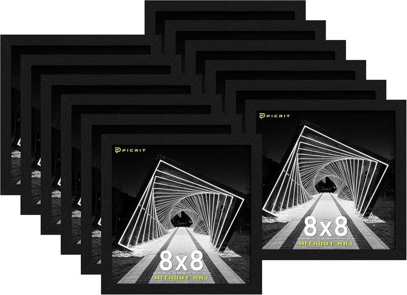 Picrit 8x8 Picture Frame Set of 12, Classic Modern Textured Black Gallery Wall Frames without Mat, Horizontal or Vertical Wall Mount and Tabletop Display for Home Decor - Image 1