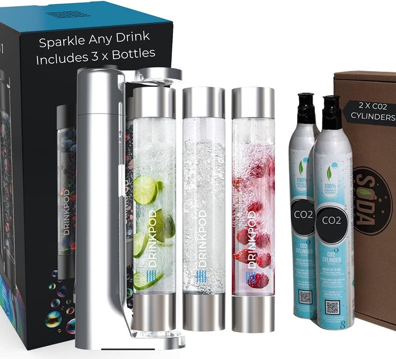 DRINKPOD Fizzpod Soda Maker - Fizzy Drink Machine with 3 PET Bottles, 3 Caps, 1 Carbonator Cap and Manual - Make Homemade Sparkle Water, Juice, Coffee, Tea and Cocktail Drinks with Fruit (Polished Chrome + 2 CO2 Cylinders) - Image 3