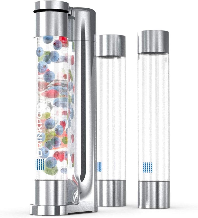 DRINKPOD Fizzpod Soda Maker - Fizzy Drink Machine with 3 PET Bottles, 3 Caps, 1 Carbonator Cap and Manual - Make Homemade Sparkle Water, Juice, Coffee, Tea and Cocktail Drinks with Fruit (Polished Chrome + 2 CO2 Cylinders) - Image 4