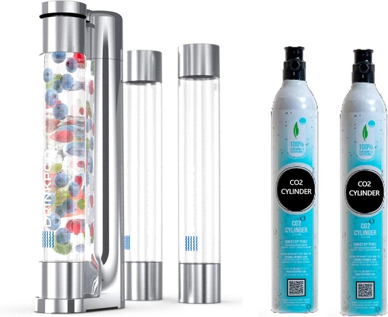 DRINKPOD Fizzpod Soda Maker - Fizzy Drink Machine with 3 PET Bottles, 3 Caps, 1 Carbonator Cap and Manual - Make Homemade Sparkle Water, Juice, Coffee, Tea and Cocktail Drinks with Fruit (Polished Chrome + 2 CO2 Cylinders) - Image 1