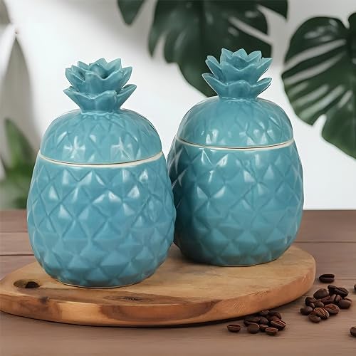 KAOLINITE Pineapple Ceramic Jars | 500ml Kitchen Storage Containers for Salt, Sugar, Pickle | Decorative Pineapple-Shaped Barni, Pack of 2 - Image 1