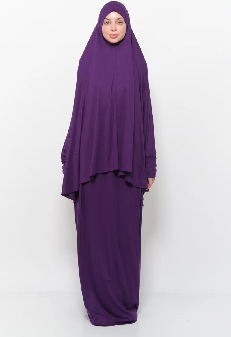 Altobeh Practical Two Piece Cotton Bat Sleeves Organic Hijab Prayer Dress with Headscarf - Plum