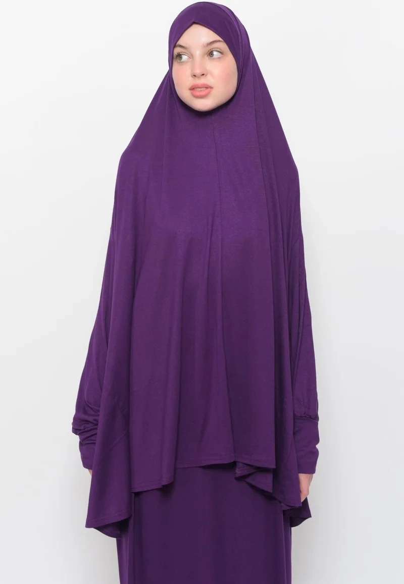 Altobeh Practical Two Piece Cotton Bat Sleeves Organic Hijab Prayer Dress with Headscarf - Plum