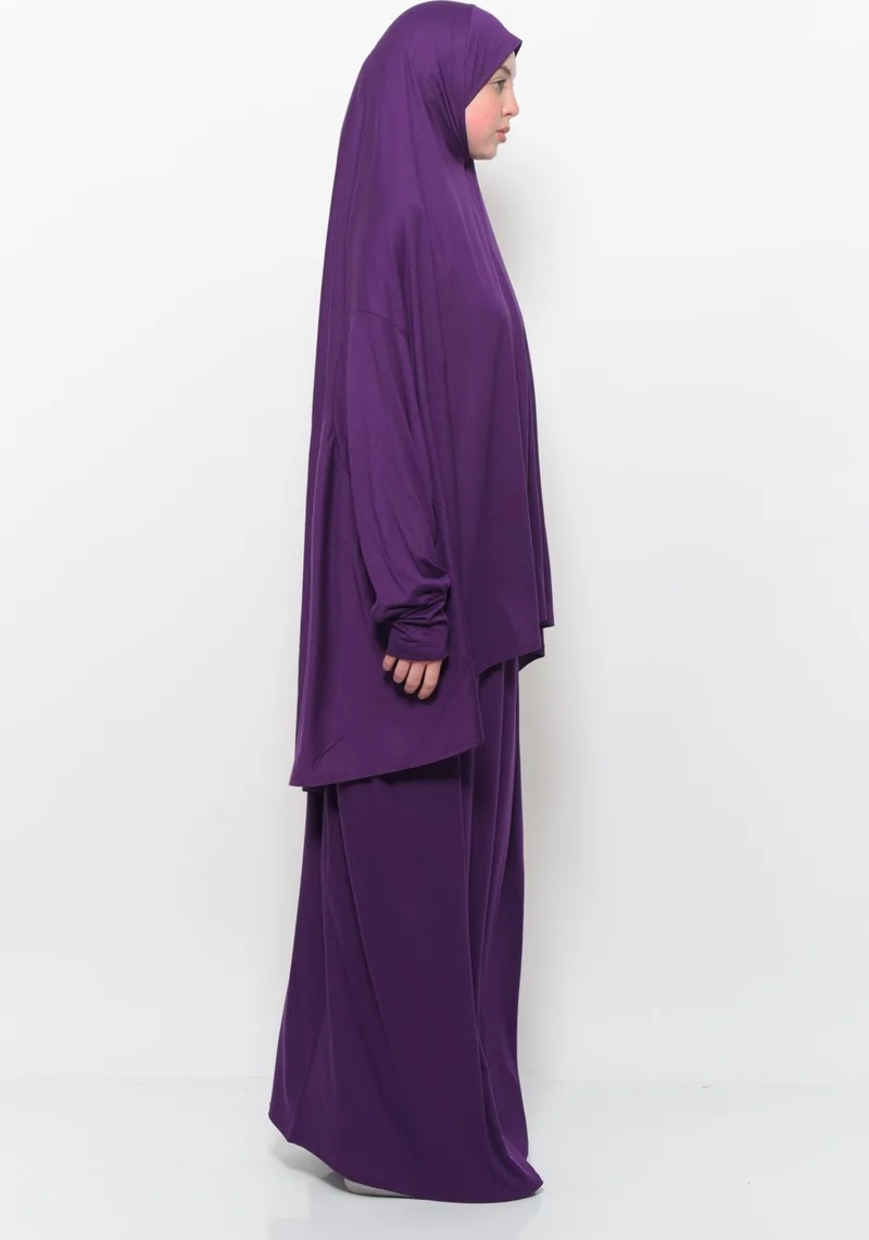 Altobeh Practical Two Piece Cotton Bat Sleeves Organic Hijab Prayer Dress with Headscarf - Plum
