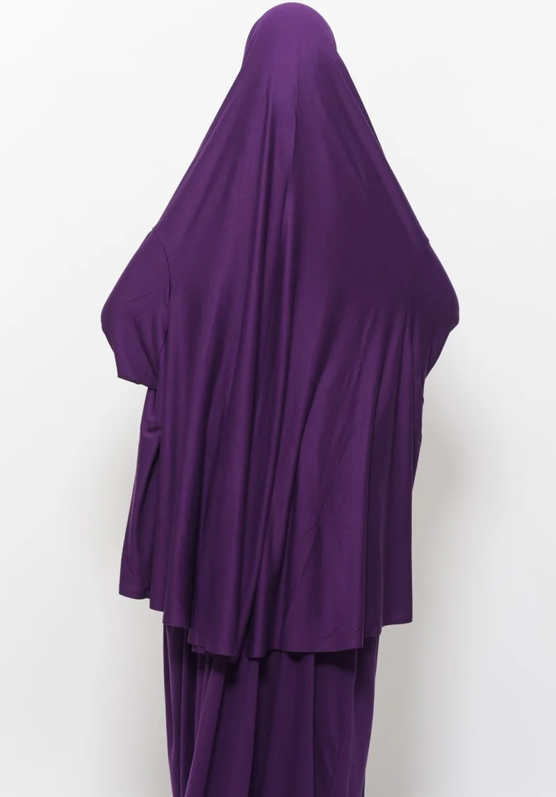 Altobeh Practical Two Piece Cotton Bat Sleeves Organic Hijab Prayer Dress with Headscarf - Plum