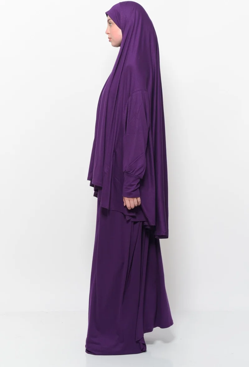 Altobeh Practical Two Piece Cotton Bat Sleeves Organic Hijab Prayer Dress with Headscarf - Plum