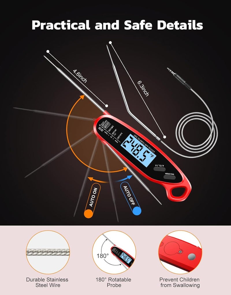Vuwwey Instant Read Meat Thermometer Digital with Dual Probe, Food Thermometer for Cooking & Grilling, Large Backlit & Calibration, for Kitchen/Oven/Grill/Smoker/BBQ/Candy/Oil Fry, Gifts for Men & Dad - Image 4