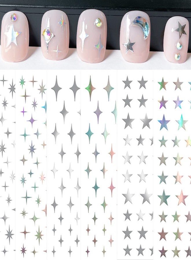 IHUKEIT Star Nail Aurora Silver Star Nail Art Decal Stickers for Women, Girls & Kids - Self-Adhesive, Pack of 6 - Image 1