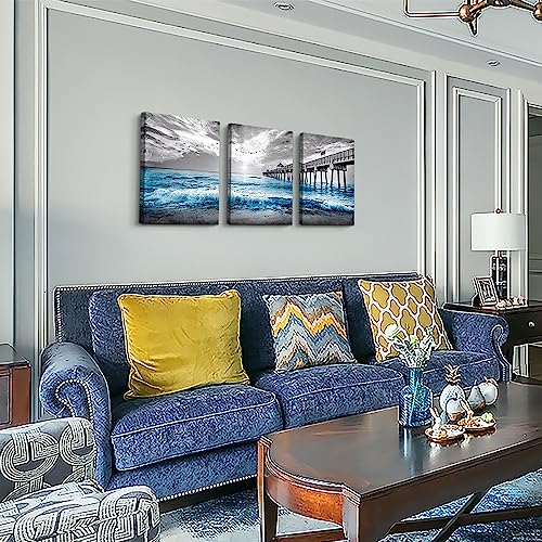 DZRWUBHS Wall Decorations For Living Room 3 Piece Framed Canvas Art Bedroom Office Decor Black And White Paintings Blue Ocean Sea Wave Pictures Artwork Modern Posters Prints Home - Image 2