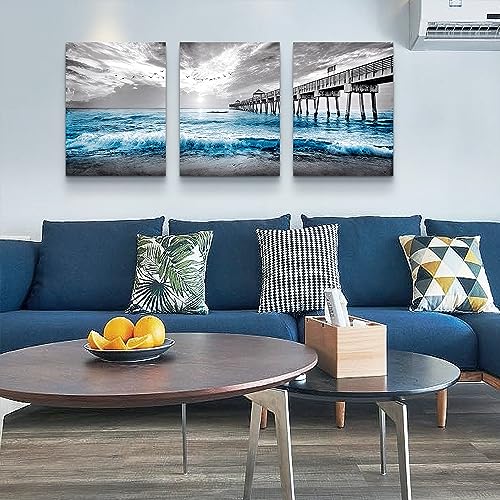 DZRWUBHS Wall Decorations For Living Room 3 Piece Framed Canvas Art Bedroom Office Decor Black And White Paintings Blue Ocean Sea Wave Pictures Artwork Modern Posters Prints Home - Image 3