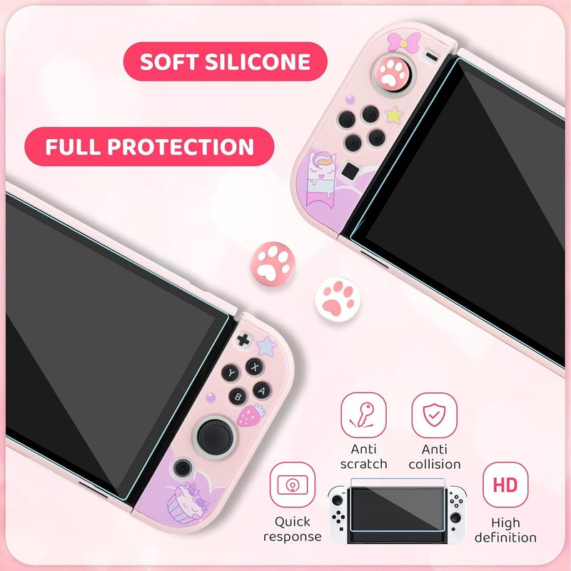 مجموعة حقائب حمل على شكل يونيكورن لجهاز Nintendo Switch OLED، حقيبة تخزين باللون الوردي لجهاز Nintendo Switch OLED والإكسسوارات، مع هالة واقية، واقي للشاشة، حزام كتف قابل للتعديل، وغطاءين للإبهام. - Image 5