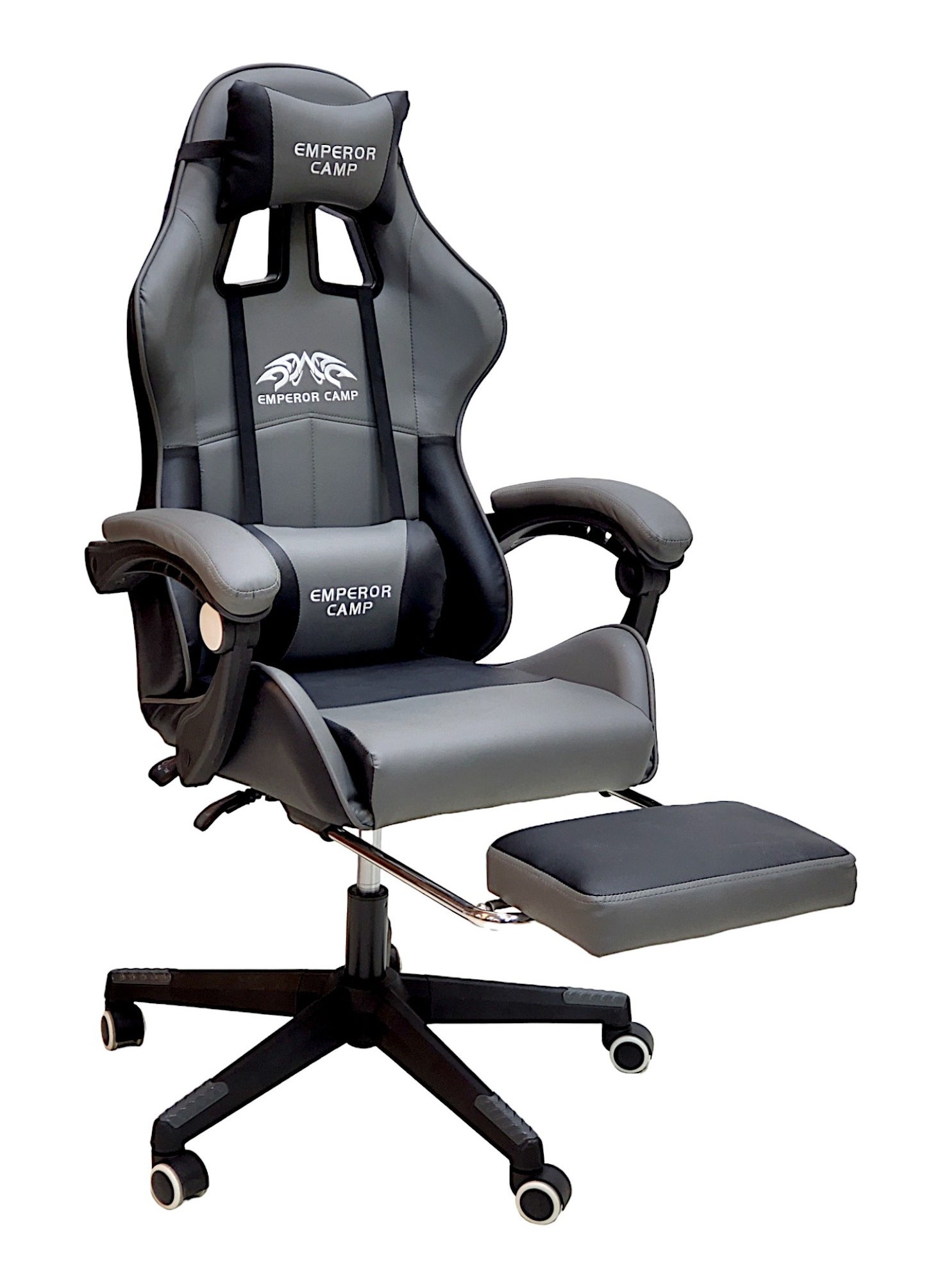 Sabir & Bros Furniture LLC SBF High Back Gaming Chair with Footrest - Premium Leather, Padded Armrests, Adjustable Height, Headrest Cushion & Reclining Backrest, Swivel Office Computer Chair, Grey Black 