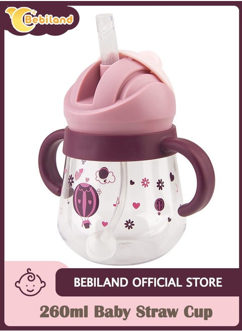 Baby Straw Cup with Handles, Sippy Cup for Baby Months 6+, Weighted Straw Non Spill Cup for Toddlers, Spill-Proof, Leak-Proof Soft Spout Cup 260ml, Bpa Free (Purple)