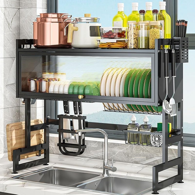 Bentifar Over Sink Dish Drying Rack 95CM, Expandable Dish Racks with Cover, Kitchen Sink Shelf Organizer, Space-Saving Dish Rack for Dishes, Bowls, Glasses,and Cutlery - Image 1