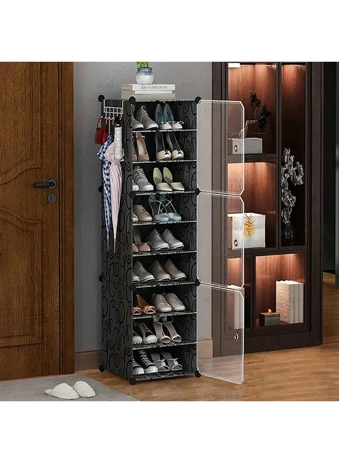 KEEKOS shoe rack plastic,Portable with Dustproof Door, Multi-Purpose Plastic for Home Foldable Portable Shelves Chappal, Slipper, Heels, Boots,Stand (Black, 9-Shelf-3-Door) - Image 1