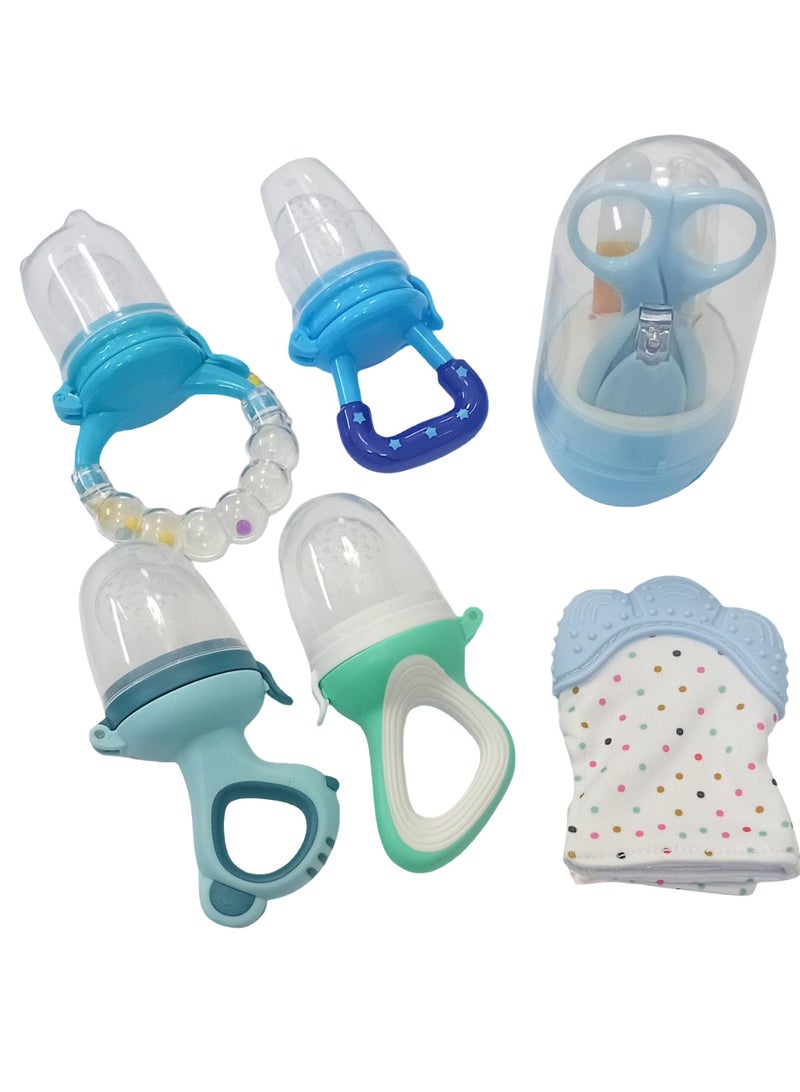 Complete 6 in 1 set for the care and nutrition of infants – 1 silicone teething glove, 4 fruit feeding pacifiers, 1 nail scissors and file - total of 6 pieces - color 3  - Image 1