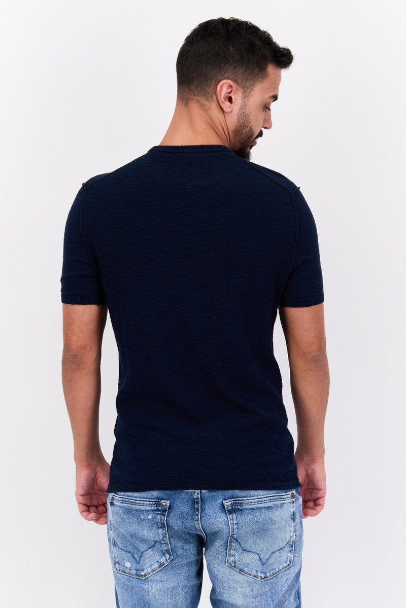 ESPRIT Men Crew Neck Short Sleeve Textured T-Shirts, Navy Blue - Image 3