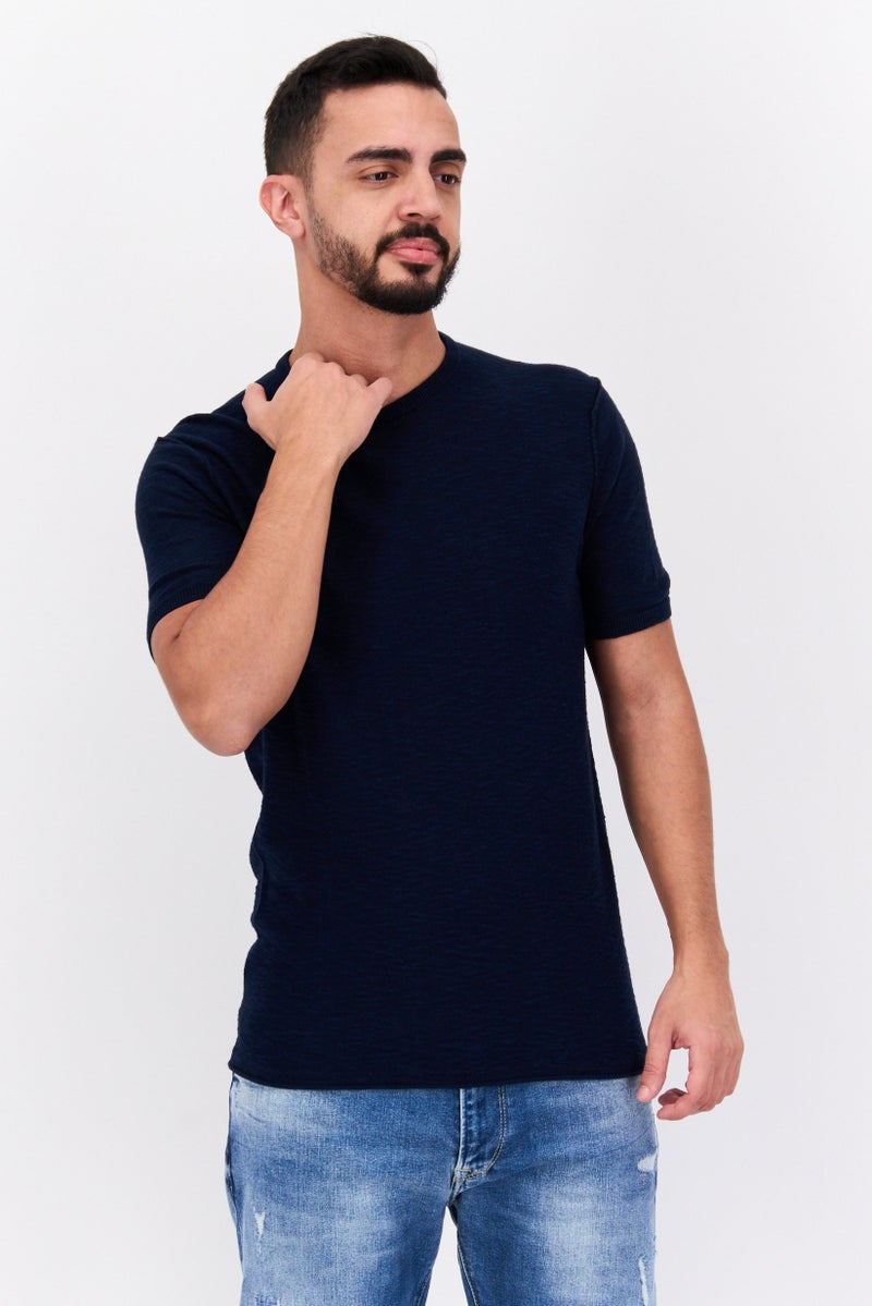 ESPRIT Men Crew Neck Short Sleeve Textured T-Shirts, Navy Blue - Image 1