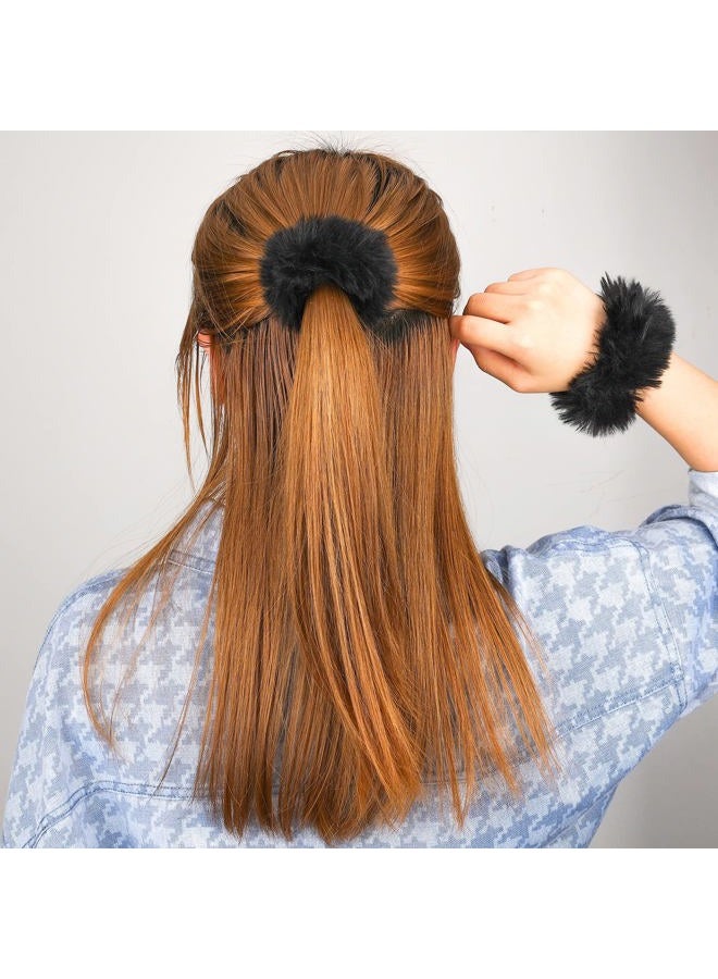 KINBOM 2Pcs Furry Hair Pom Poms, Ponytail Scrunchies Faux Rabbit Fur Hair Scrunchies (Black) - Image 5