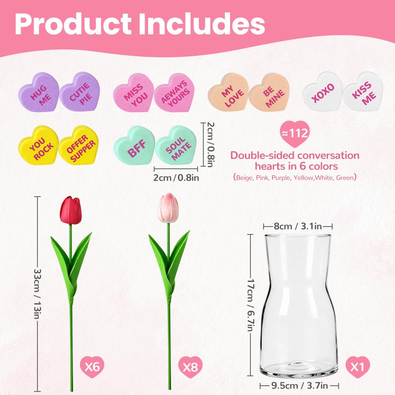 Mulbozy Valentines Day Decorations, Valentine Theme Decor with Glass Vaseã€Conversation Hearts Filler & Tulips for The Home or Office Centerpiece Table - Image 3