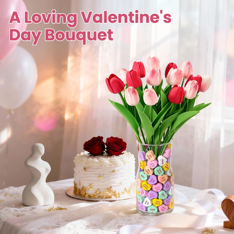 Mulbozy Valentines Day Decorations, Valentine Theme Decor with Glass Vaseã€Conversation Hearts Filler & Tulips for The Home or Office Centerpiece Table - Image 2