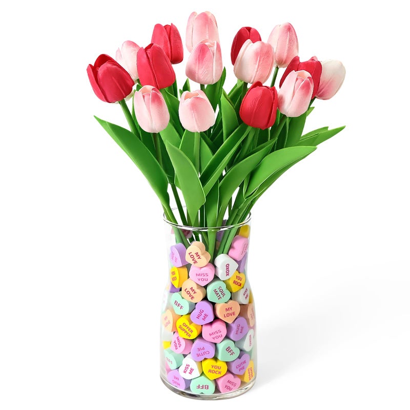 Mulbozy Valentines Day Decorations, Valentine Theme Decor with Glass Vaseã€Conversation Hearts Filler & Tulips for The Home or Office Centerpiece Table - Image 1