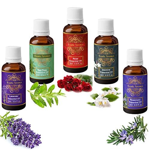 Exotic Aromas Essential Oil Lavender, Tea Tree, Rosemary, Rose, Jasmine (Pack of 5) - Image 1