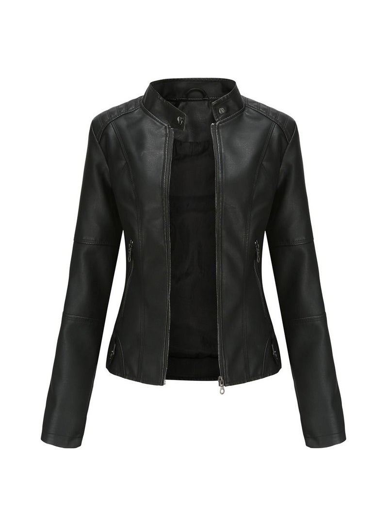 Loquat Women's Leather Suit Slim Fitting Jacket Thin Motorcycle Suit Stand Collar Leather Jacket Black  - Image 1