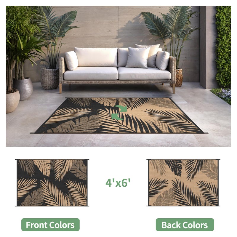sarben Outdoor Rug 4â€™x6â€™ Waterproof for Patio Clearance, Reversible Indoor Outdoor Plastic Straw Camping Rug Carpet, RV Mat, Large Area Rug for Deck, Backyard, Balcony, Porch, Beach, Black & Brown - Image 2