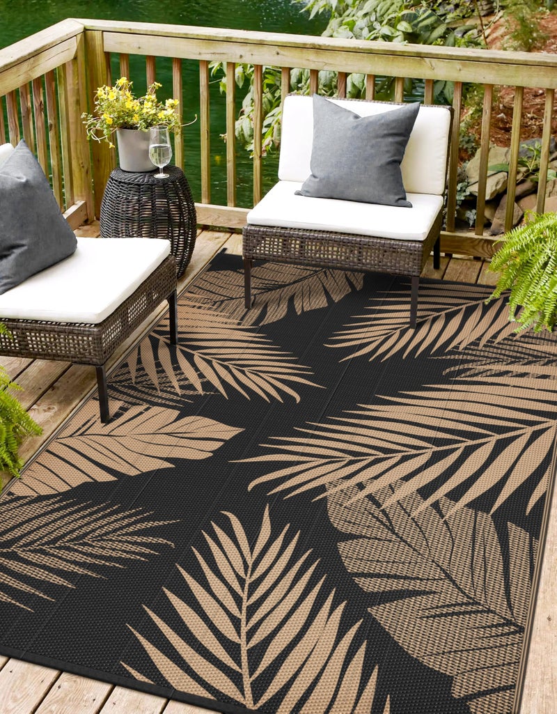 sarben Outdoor Rug 4â€™x6â€™ Waterproof for Patio Clearance, Reversible Indoor Outdoor Plastic Straw Camping Rug Carpet, RV Mat, Large Area Rug for Deck, Backyard, Balcony, Porch, Beach, Black & Brown - Image 1
