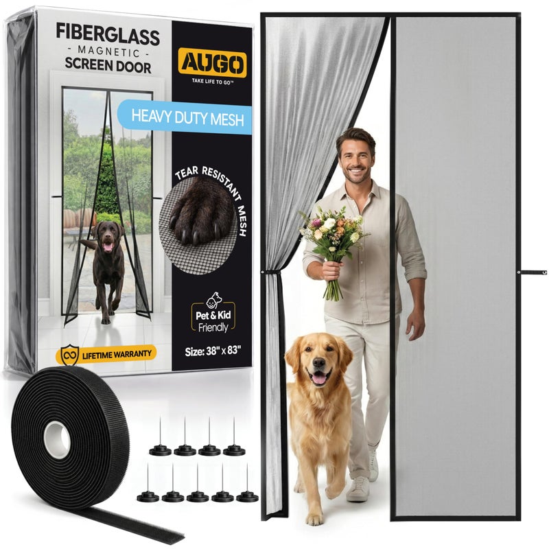 AUGO Heavy Duty Magnetic Screen Door Meshâ€“ Premium Reinforced Fiberglass Mesh, Pet & Kid Friendly, Tear Resistant Hands-Free Self Sealing Closure, Keep Open Feature â€“ 38" x 83" - Image 1