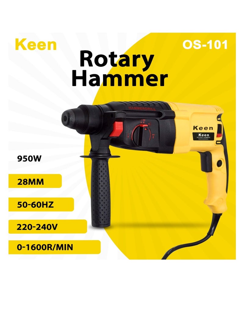 كين KEEN 950 WATT 28mm مثقاب المطرقة الدوارة مع 9 قطع من الملحقات لأعمال الألمنيوم الحائطي 950W 220-240V 50-60Hz 1600rpm min 28 mm- Yellow Color Model OS-102  - Image 1
